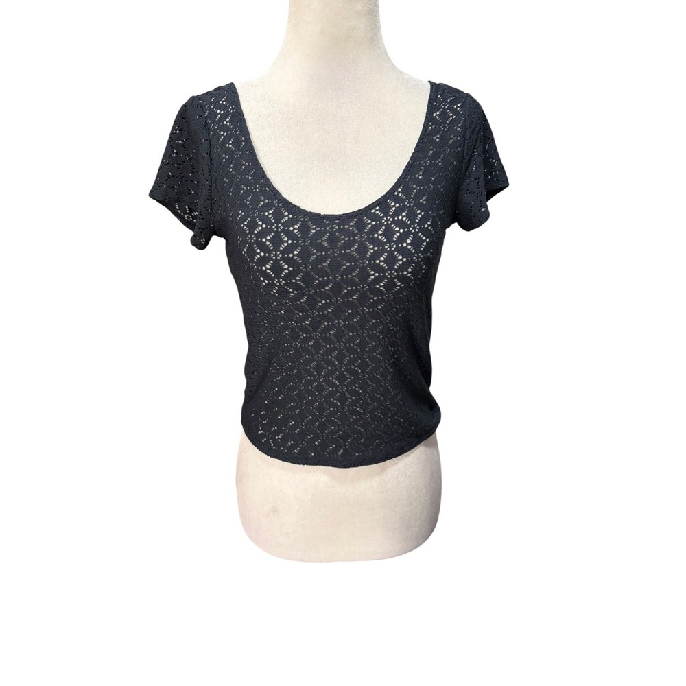 Abercrombie & Fitch Black Pointelle Knit Scoop Back Short Sleeve Top Large